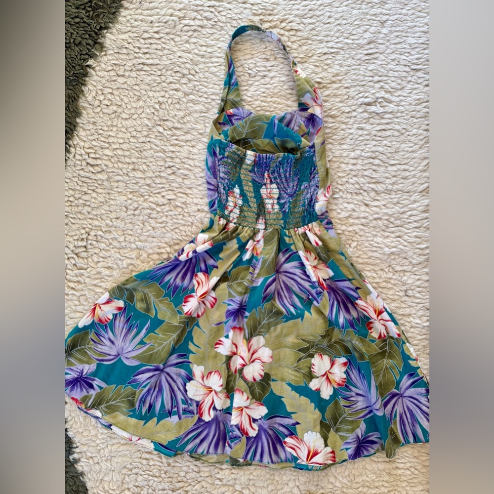 Vintage Hilo Hattie Hawaiian Print Halter Dress Green Tropical Print XS / 2 - Picture 4 of 6